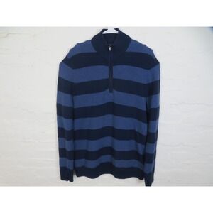 Brooks Brothers Sweater Mens Large Blue Stripe Quarter Zip Cotton Pullover